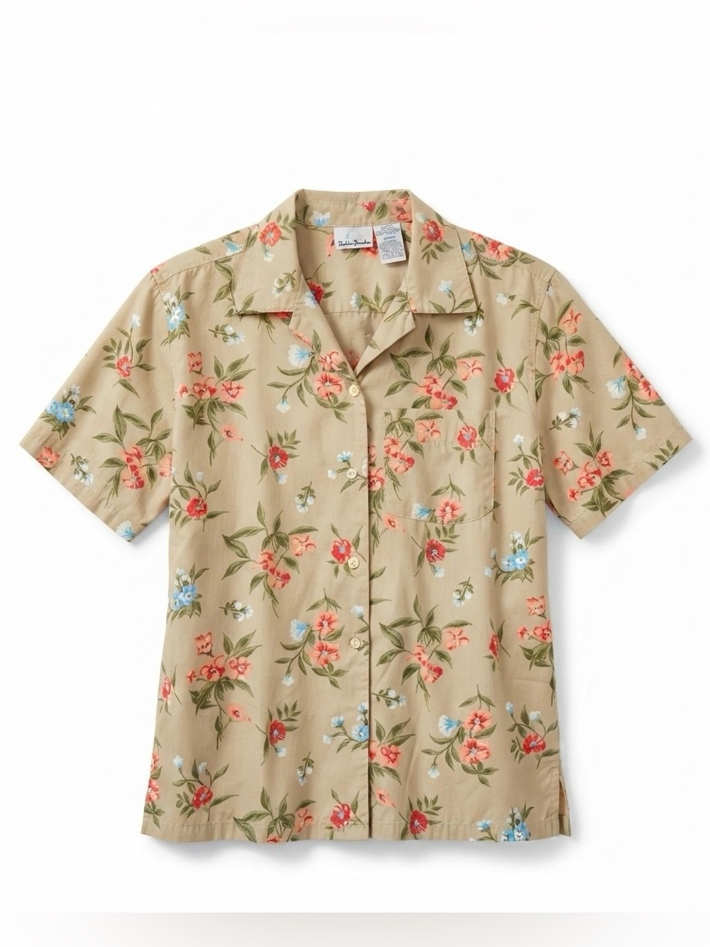 Vintage Bobbie Brooks Floral Blouse Large Flax Tan Red Button Down Shirt